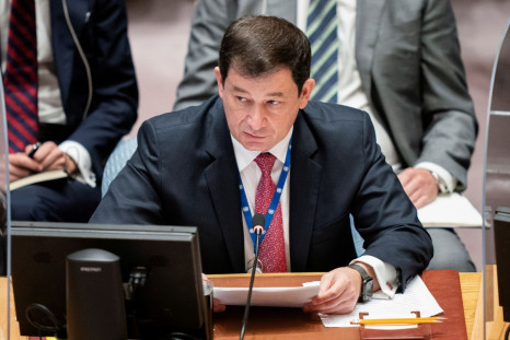 First Deputy Permanent Representative of Russia to the United Nation Dmitry Polyanskiy speaks during a meeting of the United Nations Security Council at the 76th Session of the U.N. General Assembly in New York, U.S. September 23, 2021. John Minchillo/Poo