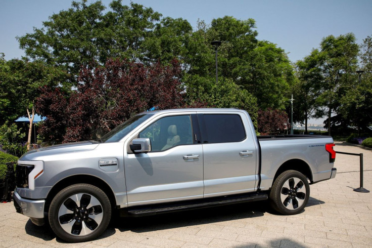 The Ford F-150 Lightning pickup truck is seen during a press event in New York City, U.S., May 26, 2021.