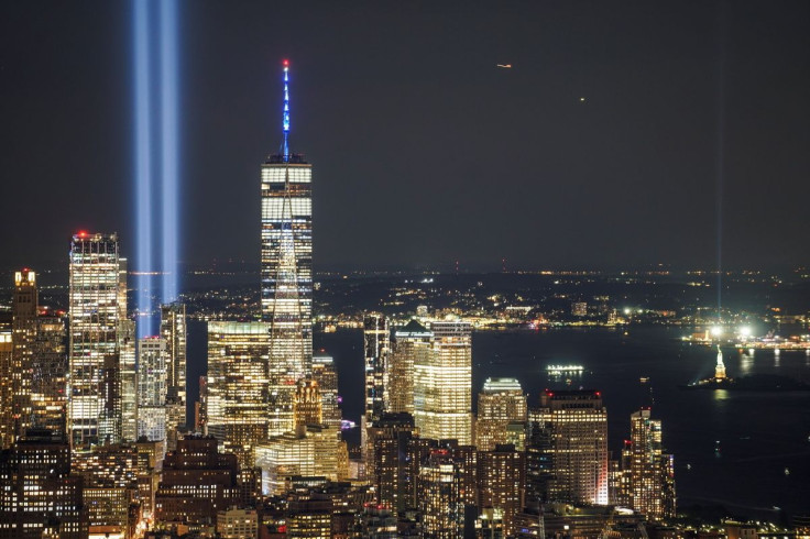 The Tribute in Light art installation is seen from Empire State Building, commemorating the 20th anniversary of the September 11, 2001 attacks, in New York City, New York, U.S., September 11, 2021.