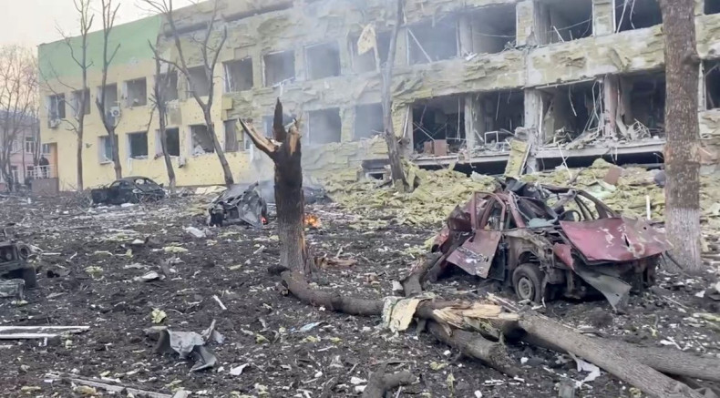 Debris is seen on site of the destroyed Mariupol children's hospital as Russia's invasion of Ukraine continues, in Mariupol, Ukraine, March 9, 2022 in this still image from a handout video obtained by Reuters. Ukraine Military/Handout via REUTERS  