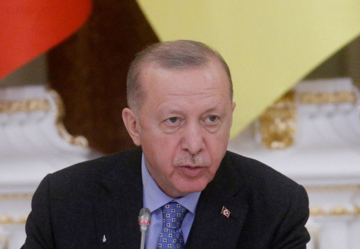 Turkish President Tayyip Erdogan speaks during a news conference in Kyiv, Ukraine, February 3, 2022.