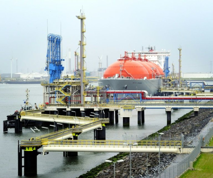A LNG tanker docked at an offloading facility in the Netherlands