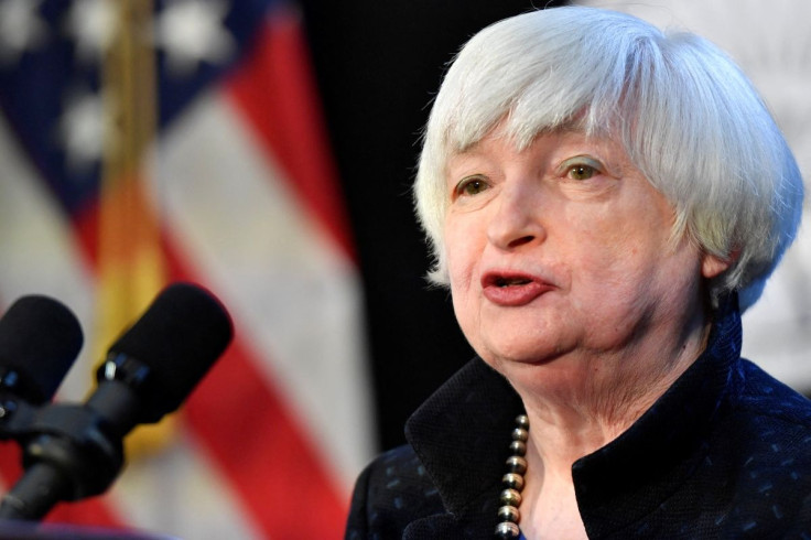 U.S. Secretary of the Treasury Janet Yellen speaks to employees after touring The Denver Mint, One of the two locations manufacturing coins for the new American Women Quarters Program, which includes the Maya Angelou quarter dollar coin, in Denver, Colora