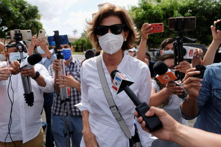 Presidential hopeful Cristiana Chamorro, who seeks to challenge longtime President Daniel Ortega in the national elections in November, arrives at the Nicaragua Attorney General of the Republic office after the government announced a money laundering inve