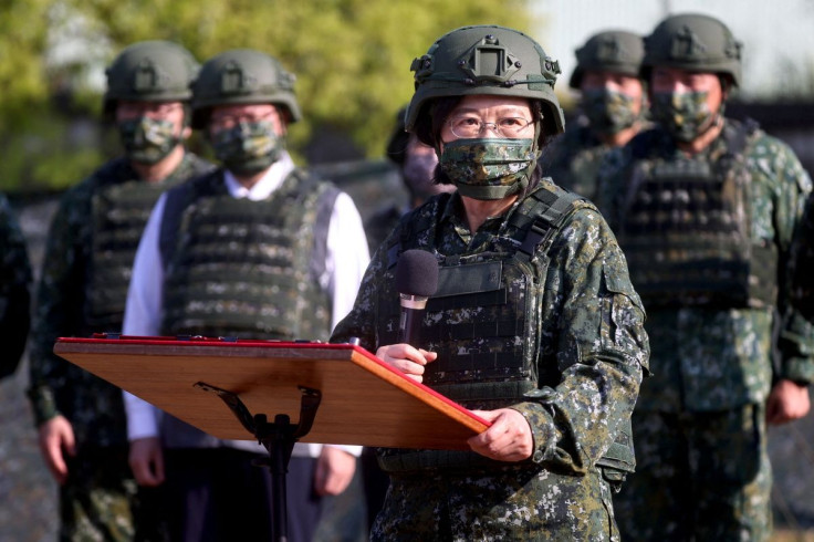Taiwan President Tsai Ing-wen visits army reservist troop during a training in Nanshipu, Taiwan March 12, 2022. 