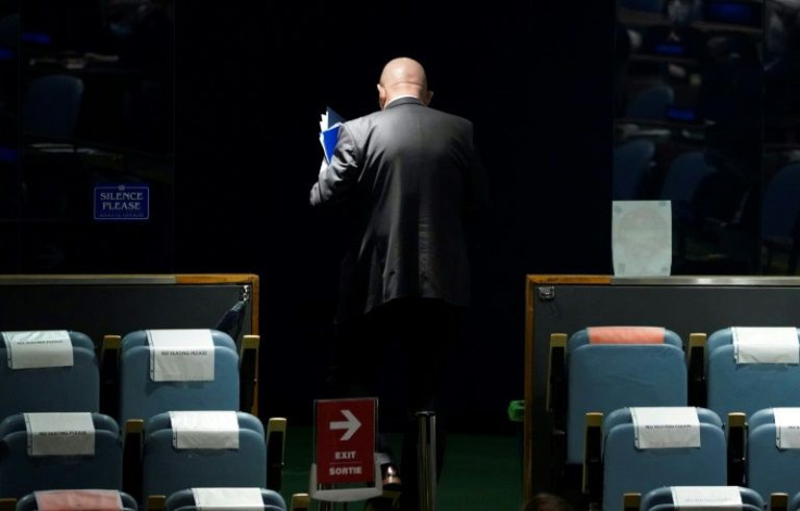 Russia's UN Ambassador Vassily Nebenzia leaves after speaking at the General Assembly 58th plenary meeting in New York in February 2022