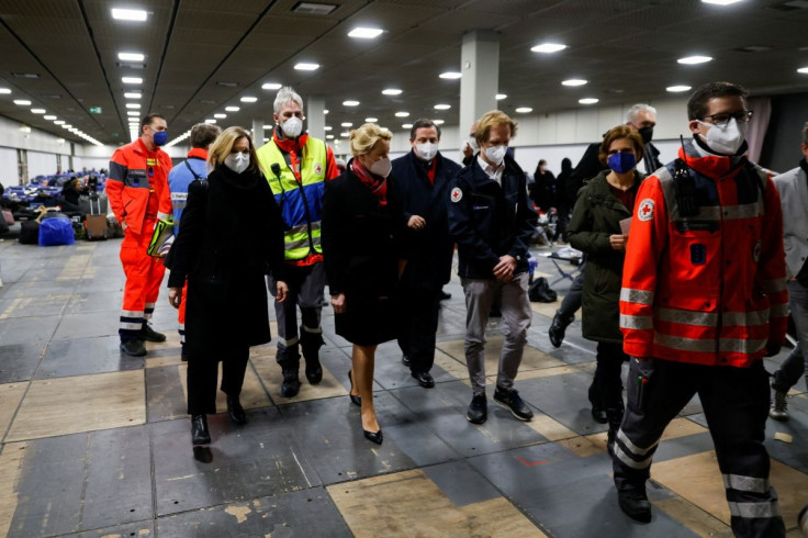 Berlin Mayor Franziska Giffey visits an emergency camp that has been set up at the fair grounds for the refugees who fled from Ukraine following the Russian invasion, in Berlin, Germany, March 11, 2022.