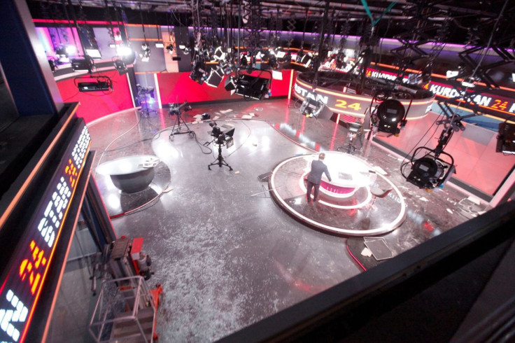 View of the damaged studio at the Kurdistan 24 TV building after a ballistic missiles attack nearby in Erbil, Iraq March 13, 2022.