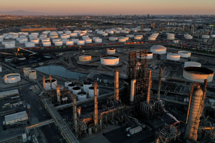 A view of the Phillips 66 Company's Los Angeles Refinery (foreground), which processes domestic & imported crude oil into gasoline, aviation and diesel fuels, and storage tanks for refined petroleum products at the Kinder Morgan Carson Terminal (backgroun
