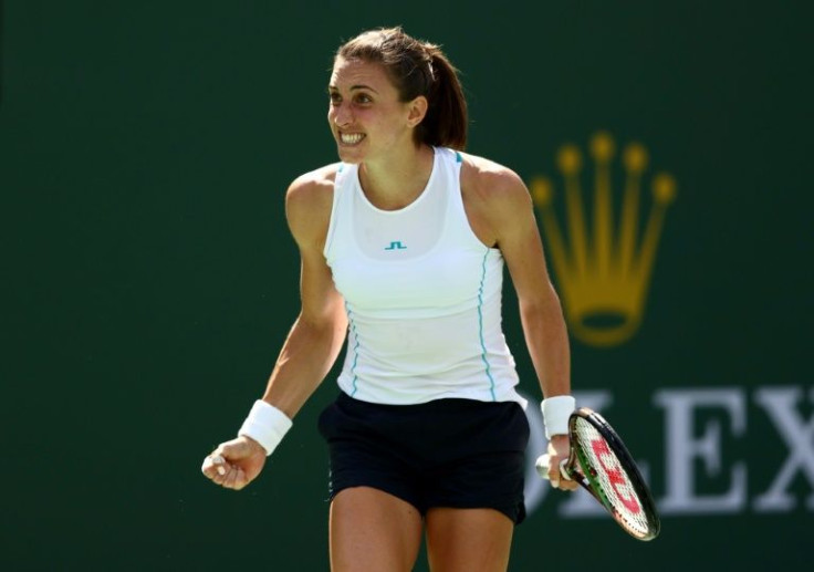 Croatia's Petra Martic celebrates a third-round victory over US Open champion Emma Raducanu at the BNP Paribas Open at Indian Wells