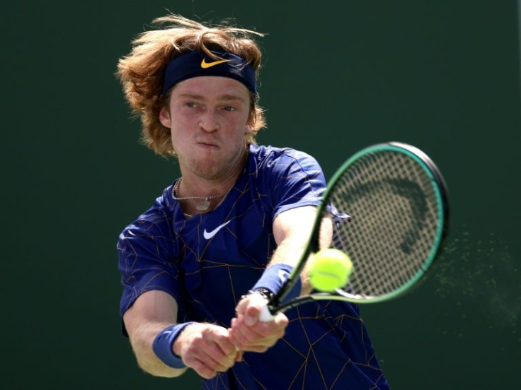 Seventh-seeded Andrey Rublev on the way to a second-round victory over Germany's Dominik Koepfer at the BNP Paribas Open at Indian Wells