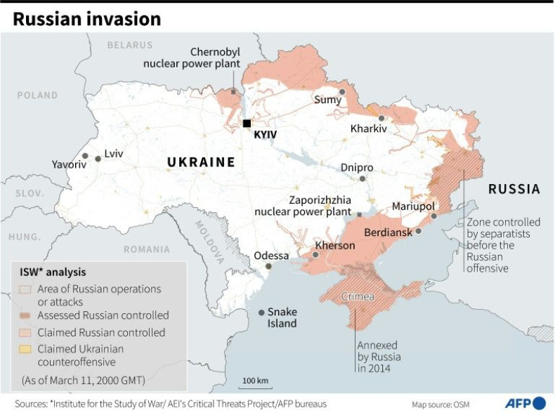 Graphic showing the advance of Russian troops in Ukraine as of March 13, 20:00 GMT.