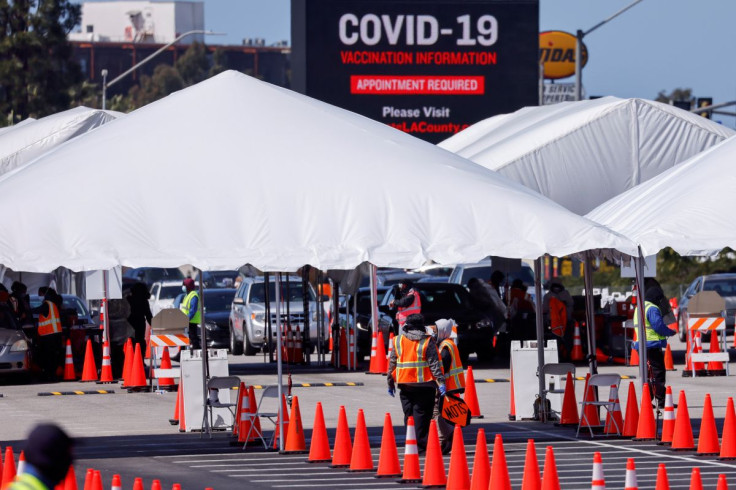A large vaccination site is shown as people with preexisting health conditions are granted access to a vaccination during the outbreak of the coronavirus disease (COVID-19) in Inglewood, California, U.S., March 15, 2021.