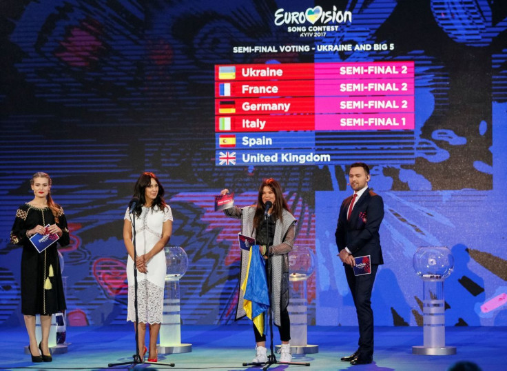 Crimean Tatar singer Susana Jamaladinova (2nd L), known as Jamala, and Ukrainian singer Ruslana Lyzhychko (2nd R) attend the draw for the semi-finals of the 2017 Eurovision Song Contest in Kiev, Ukraine January 31, 2017.