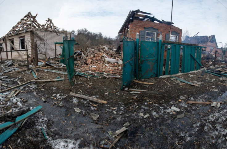 A view shows residential buildings destroyed by an air strike, as Russia's attack on Ukraine continues, in the town of Okhtyrka, in the Sumy region, Ukraine, in this handout picture released March 15, 2022.  Press service of the 93rd Separate Mechanised B