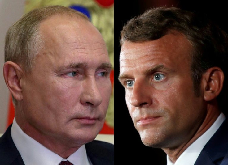 (COMBO/FILES) This combination of file photographs created on September 14, 2020, shows (L) Russian President Vladimir Putin taking part in an All-Russian open class titled "To Remember Means To Know" via video conference at Novo-Ogaryovo state residence,