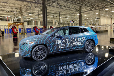 A camouflaged prototype of the new Mercedes-Benz EQS Electric SUV is displayed at the automaker's new battery pack plant in Bibb County, Alabama, U.S. March 15, 2022. 