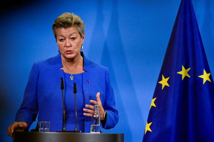 European Commissioner for Home Affairs Ylva Johansson addresses a news conference in Berlin, Germany, January 14, 2022. Tobias Schwarz/Pool via