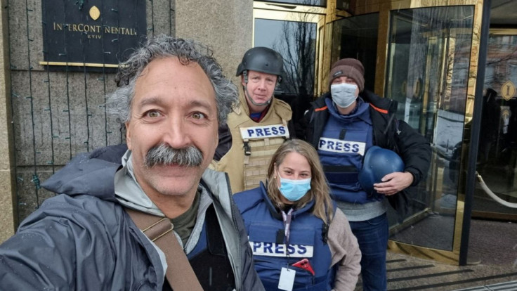 Fox News cameraman Pierre Zakrzewski, who was killed in Ukraine after the vehicle in which he was traveling was struck by incoming fire, poses for a selfie with colleagues Steve Harrigan, Yonat Frilling and Ibrahim Hazboun in Kyiv, Ukraine in an undated p