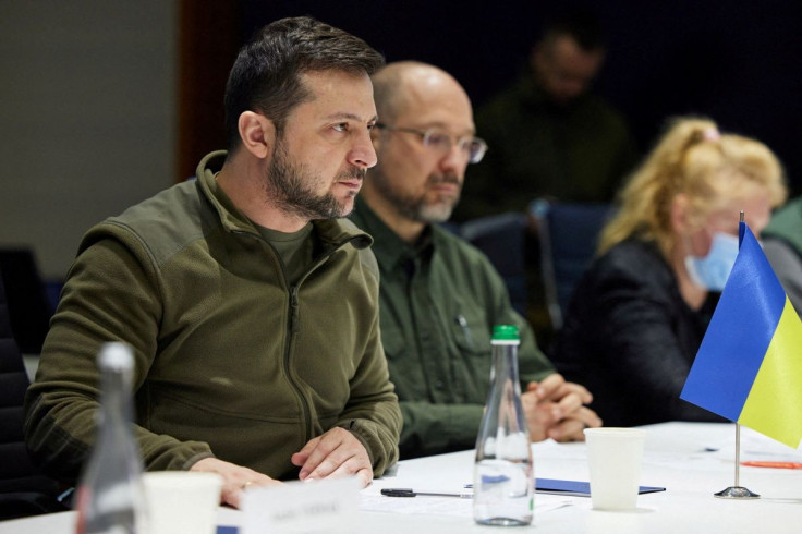 Ukraine's President Volodymyr Zelenskiy attends a meeting with Polish Prime Minister Mateusz Morawiecki, Polish Deputy Prime Minister Jaroslaw Kaczynski, Czech Prime Minister Petr Fiala and Slovenia's Prime Minister Janez Jansa, in Kyiv, Ukraine March 15,