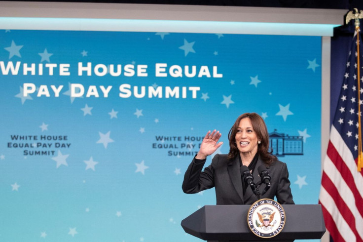 U.S. Vice President Kamala Harris delivers remarks and meets with members of the Women's National Soccer Team as she hosts "Equal Pay Day Summit" at the White House in Washington, U.S., March 15, 2022.