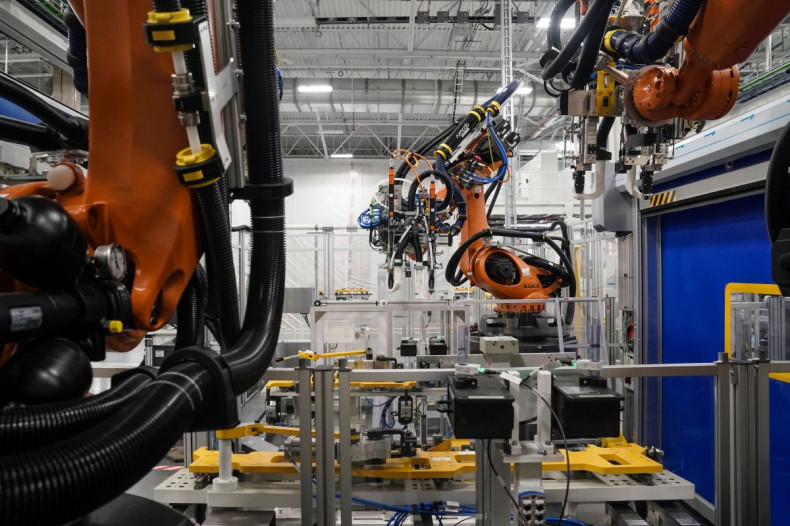 Machines are seen on a battery tray assembly line during a tour at the opening of a Mercedes-Benz electric vehicle Battery Factory, marking one of only seven locations producing batteries for their fully electric Mercedes-EQ models, in Woodstock, Alabama,