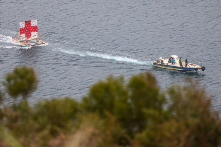 A shooting target is ferried to a location for a live drill in Dongyin, Taiwan, March 16, 2022. 