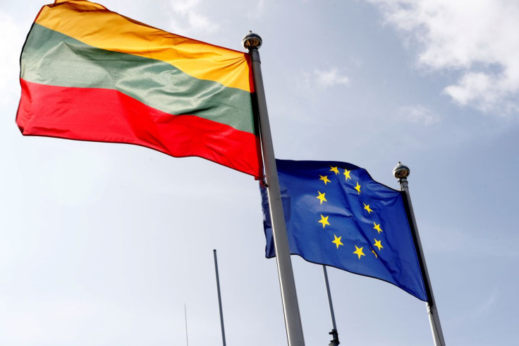 European Union and Lithuanian flags flutter at border crossing point in Medininkai, Lithuania September 18, 2020.