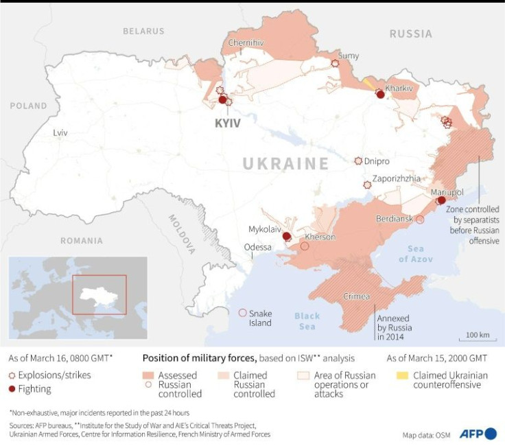 Map showing latest development in Russia's invasion of Ukraine, as of March 16, 0800 GMT