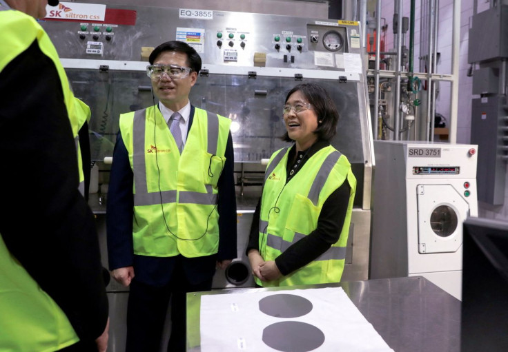 U.S. Trade Representative Ambassador Katherine Tai and South Korean Trade Minister Yeo Han-koo tour a silicon wafer plant being expanded by South Korean semiconductor manufacturer SK Siltron CSS in Auburn, Michigan, U.S., March 16, 2022.   