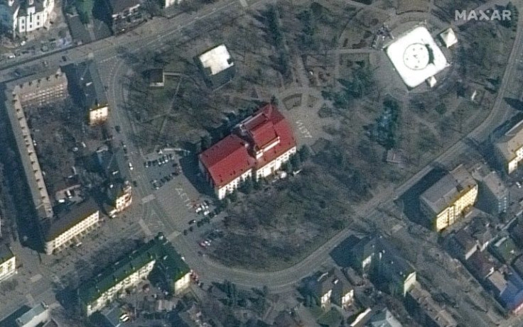 This Maxar satellite image released on March 16, 2022, shows the Mariupol Drama Theater in Mariupol, Ukraine, on March 14, 2022.The building, which had been used as a shelter for hundreds of Ukrainian civilians, had the word âchildrenâ written in larg