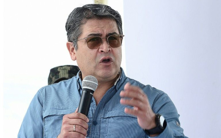 Juan Orlando Hernandez delivers a speech as president of Honduras in August 2021 in Tegucigalpa