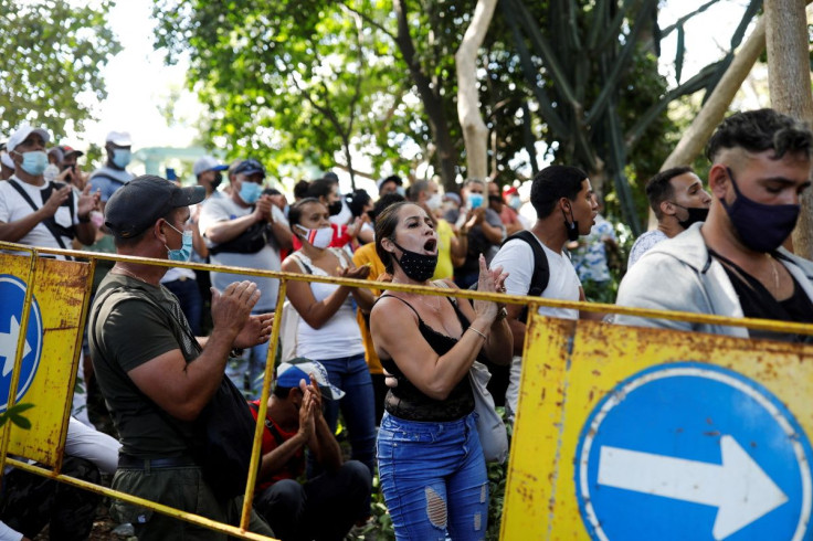 People protest outside the Panama Embassy as the country tightens visa requirements, in Havana, Cuba, March 10, 2022. Picture taken March 10, 2022.