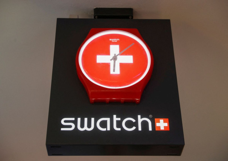The logo of Swiss watch manufacturer Swatch is seen at a shop in Bern, Switzerland March 18, 2021.