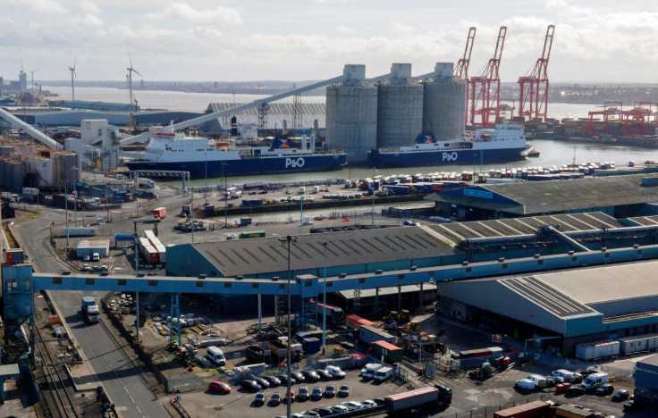 Ferries belonging to P&O are pictured berthed at the company's terminal in the Gladstone Dock in Liverpool, Britain, March 17, 2022. Picture taken with a drone.