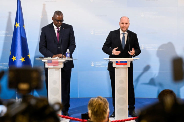U.S. Secretary of Defence Lloyd Austin and Slovakia's Defence Minister Jaroslav Nad attend a news conference in the Ministry of Defence of the Slovak Republic in Bratislava, Slovakia, March 17, 2022.
