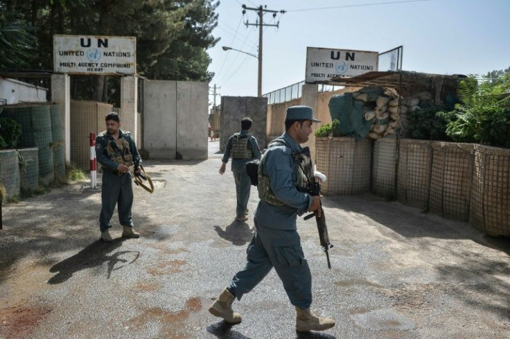 Security personnel outside a United Nations Assistance Mission in Afghanistan (UNAMA) office compound Herat province in July 2021