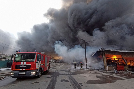 Ukrainian biggest market Barabashovo is seen in fire after a shelling amid Russia?s attack on Ukraine, in Kharkiv, Ukraine March 17, 2022.  