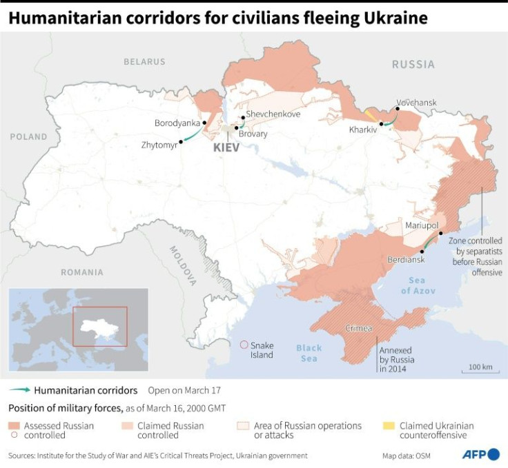 Map of Ukraine locating the humanitarian corridors agreed between Ukraine and Russia to allow the evacuation of civilians from areas hit by shelling. Updated as of March 17