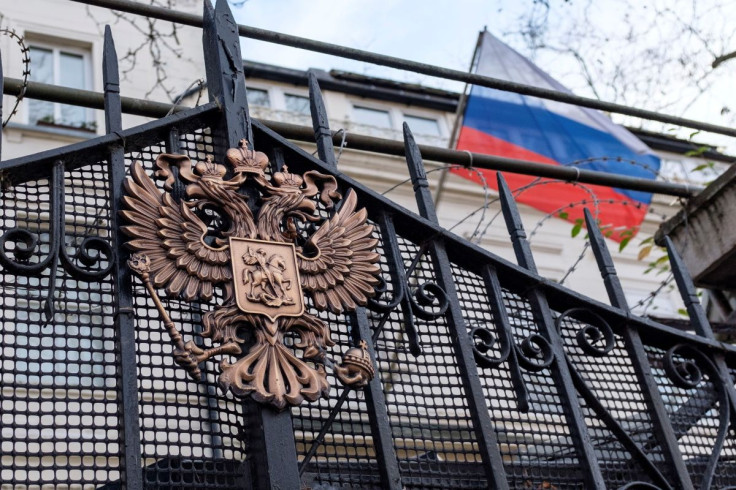 An emblem is displayed on the gate of the Russian Embassy in London, Britain, February 12, 2022.