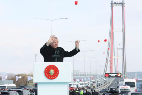 Turkish President Tayyip Erdogan attends opening ceremony of the 1915 Canakkale Bridge over the Dardanelles, in Canakkale, Turkey March 18, 2022. Presidential Press Office/Handout via REUTERS