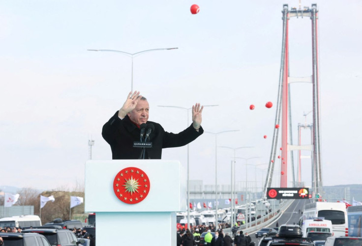 Turkish President Tayyip Erdogan attends opening ceremony of the 1915 Canakkale Bridge over the Dardanelles, in Canakkale, Turkey March 18, 2022. Presidential Press Office/Handout via REUTERS