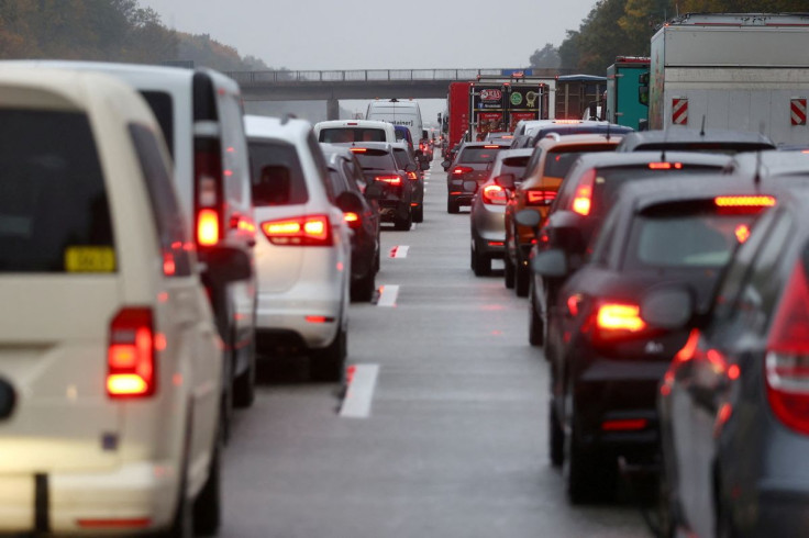 A traffic jam is seen as activists (not pictured) hang on a bridge of A5 highway near Frankfurt, Germany October 26, 2020. 
