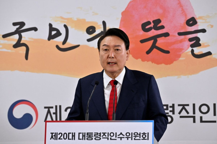 South Korea's president-elect Yoon Suk-yeol speaks during a news conference to address his relocation plans of the presidential office, at his transition team office, in Seoul, South Korea, March 20, 2022.Jung Yeon-je/Pool via REUTERS