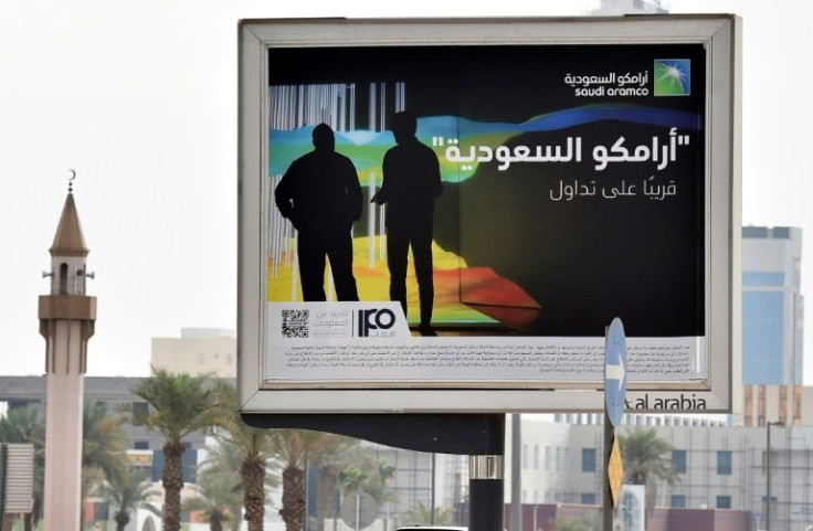 An advert for Aramco in  Riyadh -- the oil giant offered shares for the first time in 2019, and markets expect it to open up further, as Saudi Arabia seeks funds to diversify its economy