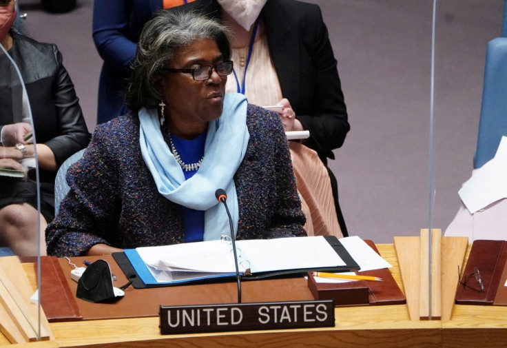 U.S. Ambassador to the U.N. Linda Thomas-Greenfield speaks during a meeting of the United Nations Security Council on Threats to International Peace and Security, following Russia's invasion of Ukraine, in New York City, U.S., March 7, 2022. 