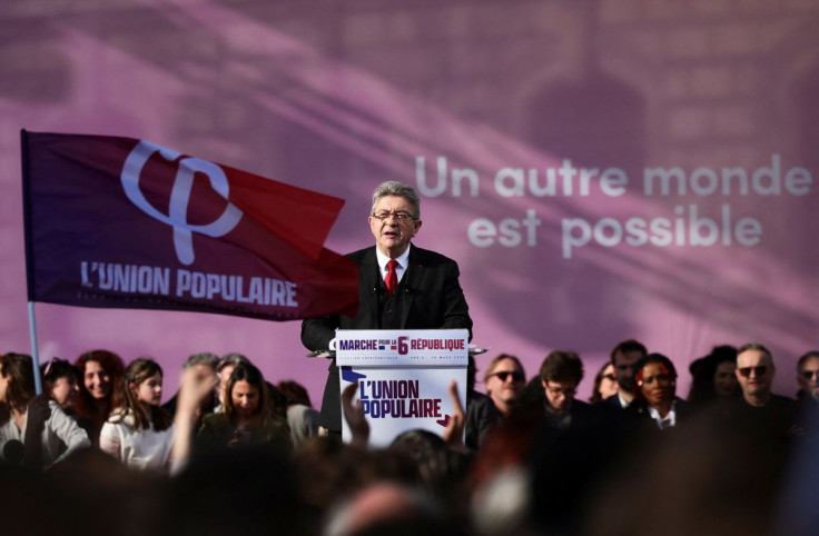 Jean-Luc Melenchon, leader of the far-left opposition party La France Insoumise (France Unbowed - LFI), and L'Union populaire (popular union) candidate in the 2022 French presidential election, delivers a speech during a march for the 6th Republic, at Pla