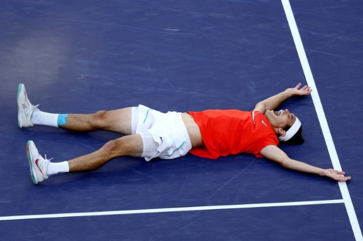 American Taylor Fritz celebrates victory over Rafael Nadal in the ATP final of the BNP Paribas Open at Indian Wells