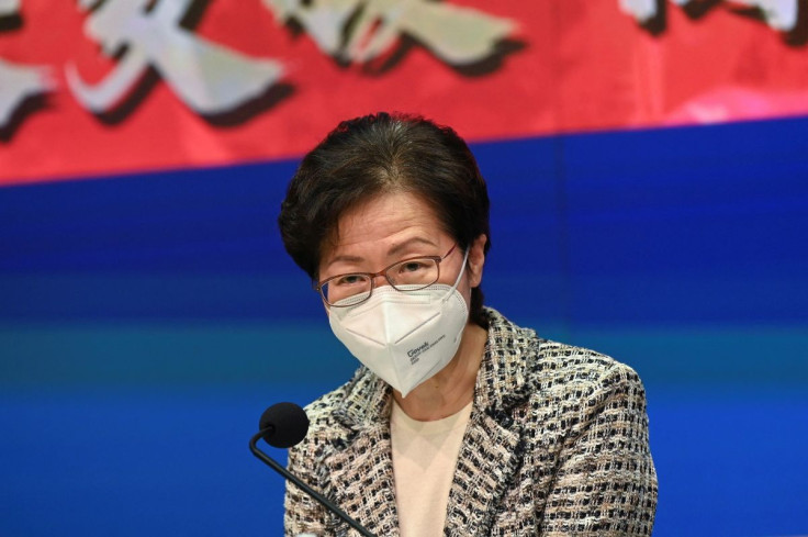 Hong Kong Chief Executive Carrie Lam speaks during a news conference at the government headquarters in Hong Kong, China March 9, 2022. Peter Parks/Pool via