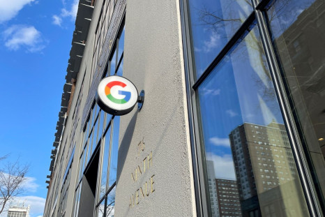 A Google logo is seen outside of the Google Store, where visitors can try phones and other products from the company, in New York City, New York, U.S., February 10, 2022. Picture taken February 10, 2022. 